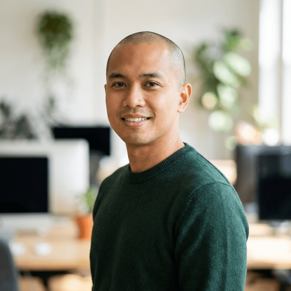 Male engineer in his mid 30s, South Asian, professional technical lead appearance