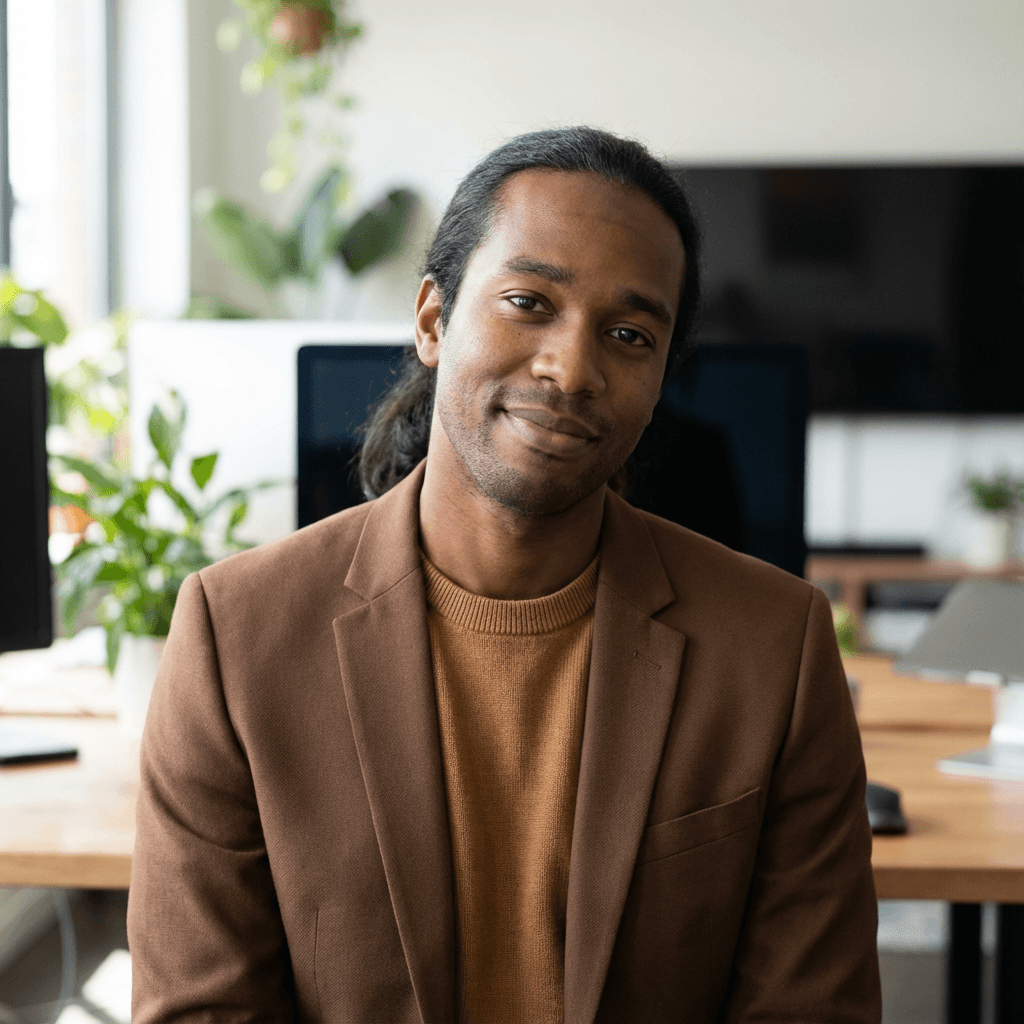 Male developer in his early 30s, Black, focused professional mobile development role