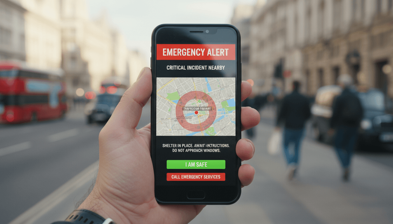 Person holding a smartphone with a safety alert app in a London street setting