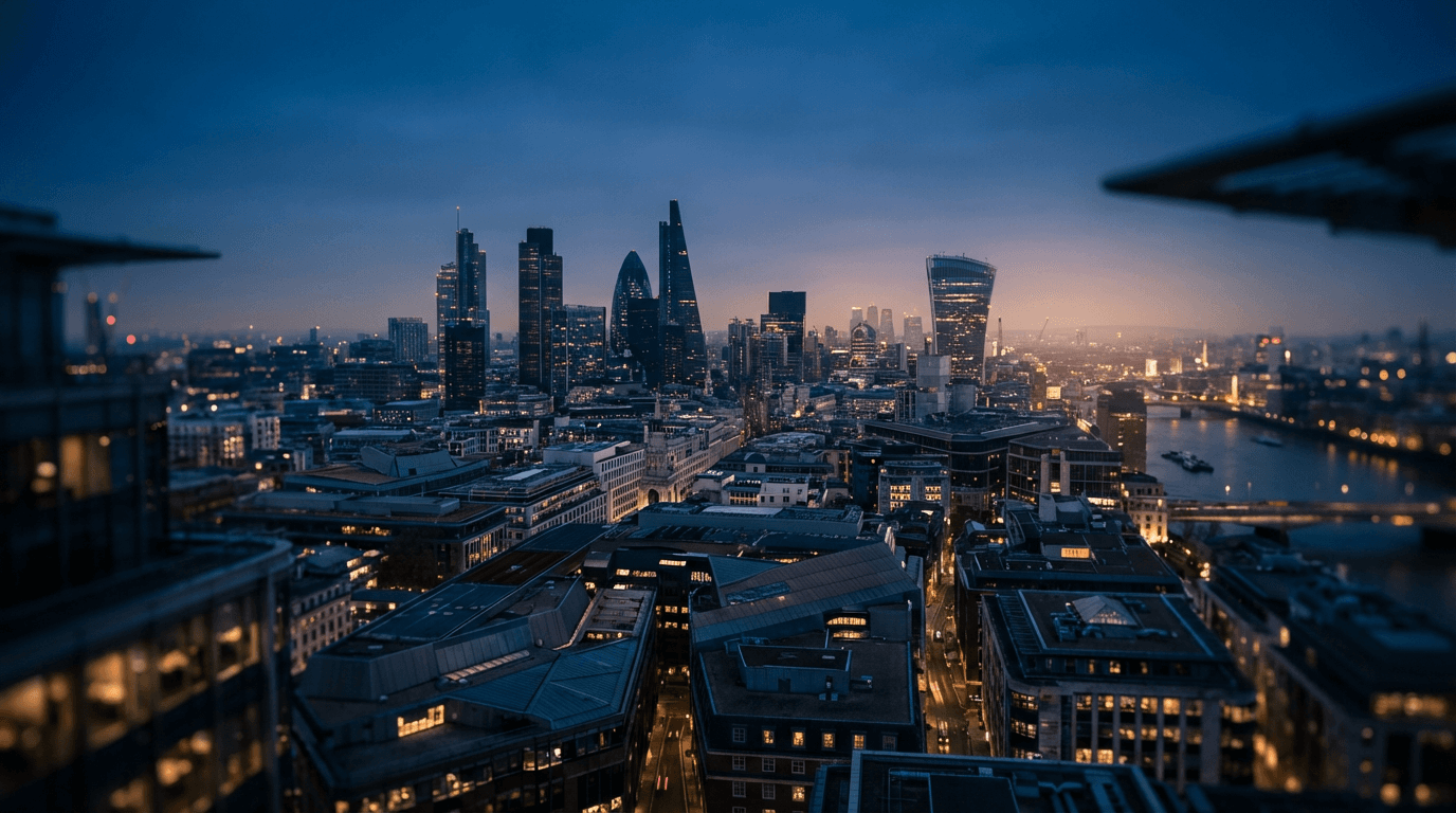 London city skyline at dusk with soft bokeh lights