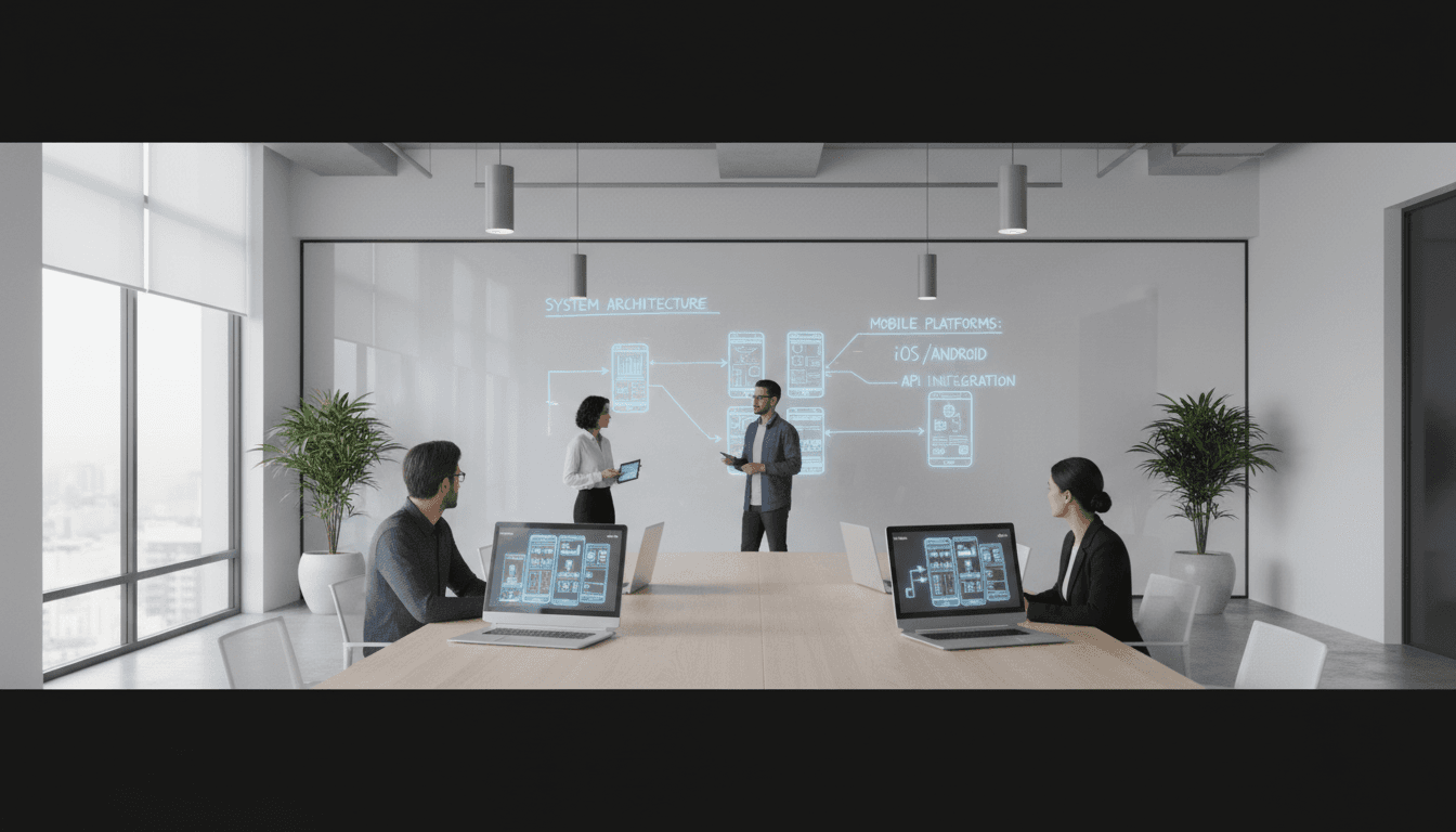 Development team reviewing mobile app safety features and architecture diagrams