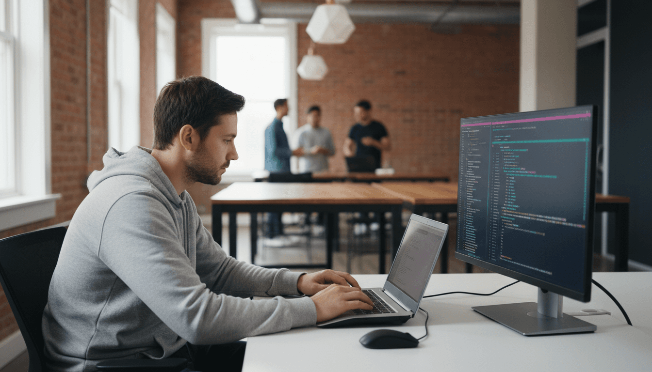 Developer working in a modern London tech office