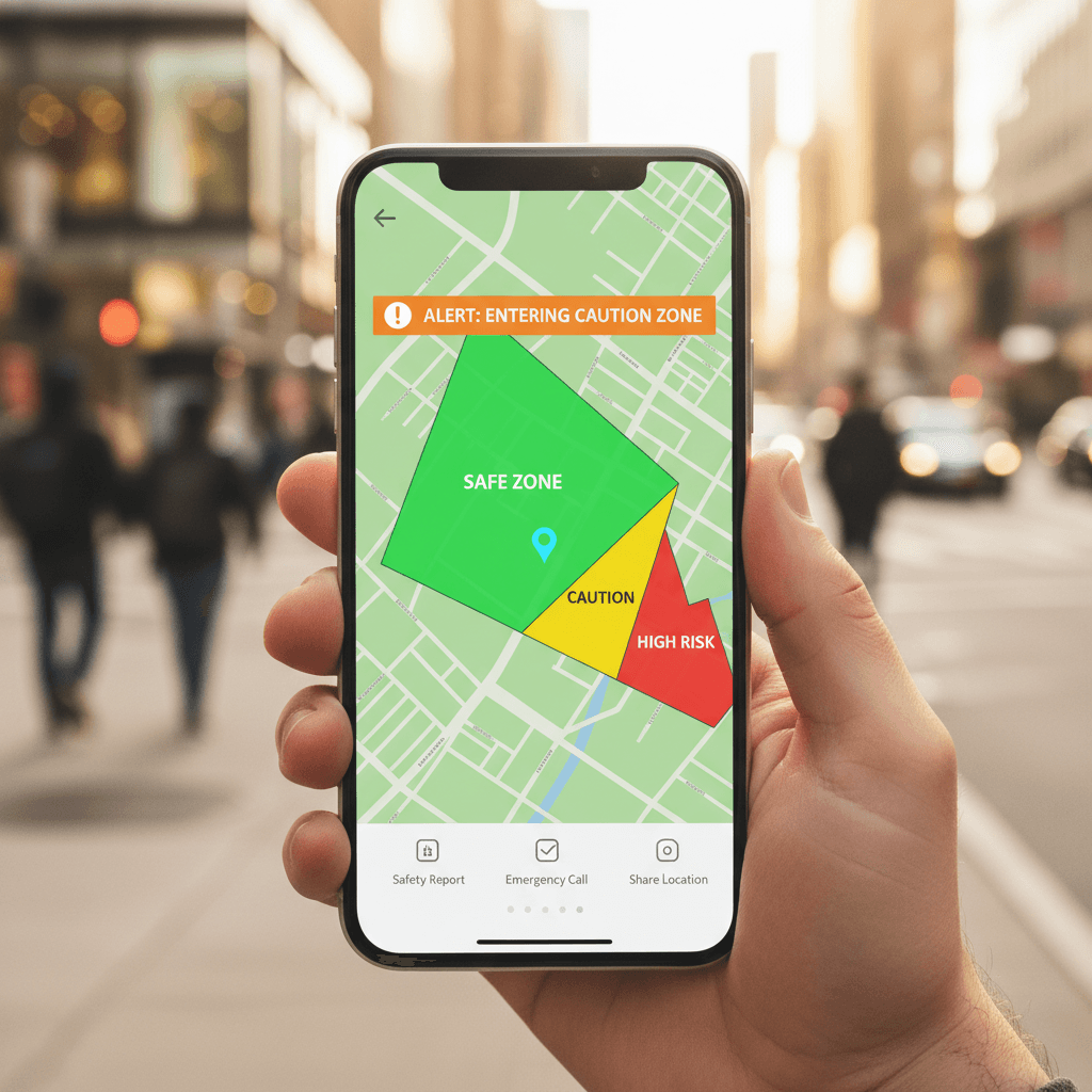 Person holding a smartphone showing a safety alert map interface